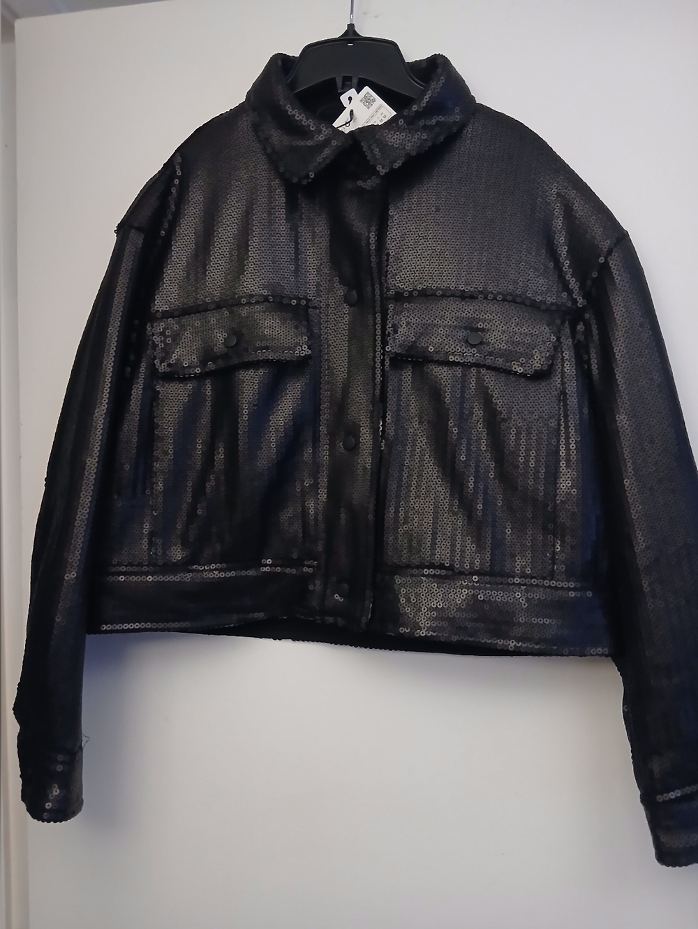 Zara Black Sequined Cropped Jean Jacket.Size M